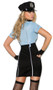 Officer Lawless police costume includes short sleeve zip front mini dress featuring deep v neckline, collar, belt, "POLICE" patches and contrast metallic silver piping. Hat, sunglasses and handcuffs are also included. Four piece set.