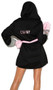 Prizefighter boxer costume includes deep v crop top, shorts with CHAMP on waistband, hooded robe with CHAMP on back, and boxing gloves. Four piece set.