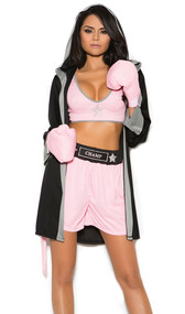 Prizefighter boxer costume includes deep v crop top, shorts with CHAMP on waistband, hooded robe with CHAMP on back, and boxing gloves. Four piece set.