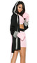 Prizefighter boxer costume includes deep v crop top, shorts with CHAMP on waistband, hooded robe with CHAMP on back, and boxing gloves. Four piece set.
