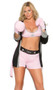 Prizefighter boxer costume includes deep v crop top, shorts with CHAMP on waistband, hooded robe with CHAMP on back, and boxing gloves. Four piece set.