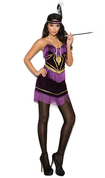 Foxy Flapper costume includes sleeveless purple velvet mini dress with fringe detail, metallic accents and adjustable clear metallic gold ribbon straps, black feather headband, and faux pearl necklace. Three piece set.