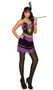 Foxy Flapper costume includes sleeveless purple velvet mini dress with fringe detail, metallic accents and adjustable clear metallic gold ribbon straps, black feather headband, and faux pearl necklace. Three piece set.