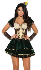 Adorable Archer costume includes short sleeve velvet mini dress with leatherette bodice and faux lace up detail. Leatherette arm guards and head piece are also included. Three piece set.