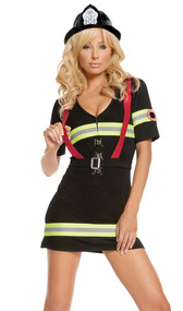 Ms. Blazin' Hot fireman costume includes dress and belt with attached suspenders. Two piece set.