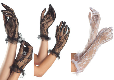 Floral lace gloves with ruffle trim.