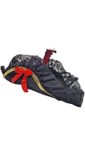 Black pirate hat has a gold sequin trim and features lace, feather, and red bow details. Hat is made from a soft felt material.