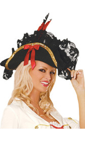 Black pirate hat has a gold sequin trim and features lace, feather, and bow details. Hat is made from a soft felt material.