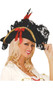 Black pirate hat has a gold sequin trim and features lace, feather, and red bow details. Hat is made from a soft felt material.