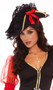 Black pirate hat has a gold sequin trim and features lace, feather, and red bow details. Hat is made from a soft felt material.