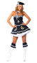 Naughty Navy Yard Vixen sailor costume includes strapless bustier top with anchor detail and zip up back, flair skirt with star details, hat and scarf. Four piece set.