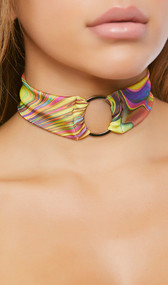 Rainbow swirl pattern choker with metal o ring detail and back side hook and loop closure.