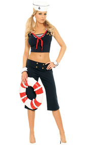 First Mate sailor costume includes capri pants, top, scarf, cuffs and hat. Five piece set.