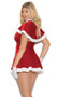 Mrs. Santa costume includes velvet dress with faux fur trim and lace up front detail, with matching hooded cape. Two piece set.