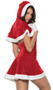 Mrs. Santa costume includes velvet dress with faux fur trim and lace up front detail, with matching hooded cape. Two piece set.