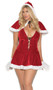 Mrs. Santa costume includes velvet dress with faux fur trim and lace up front detail, with matching hooded cape. Two piece set.