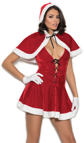 Mrs. Santa costume includes velvet dress with faux fur trim and lace up front detail, with matching hooded cape. Two piece set.