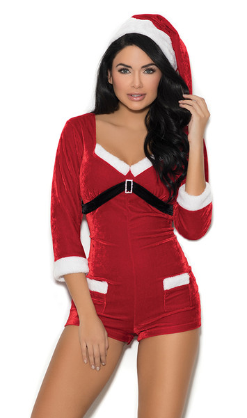 Holiday Cutie Santa costume includes velvet romper with three quarter sleeves, faux fur trim, faux pocket design, rhinestone buckle detail, and zipper back closure. Matching hat included. Two piece set.