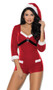 Holiday Cutie Santa costume includes velvet romper with three quarter sleeves, faux fur trim, faux pocket design, rhinestone buckle detail, and zipper back closure. Matching hat included. Two piece set.