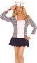 Sailor costume includes striped long sleeve mini dress with gold button detail, wrist cuffs and square neckline with collar. Sailor hat with anchor detail also included. Two piece set.
