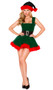 Head Elf costume includes sleeveless velvet dress with faux fur trim, wide shoulder straps, attached faux leather belt with buckle on front side only, lace up back, candy cane striped bow detail, and back zipper closure.