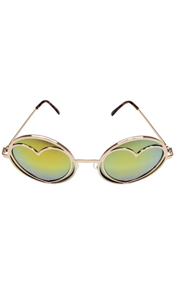Retro style hippie glasses with gold round frames, heart shaped overlay and dark reflective lenses. Lenses are 2" in diameter. Sides are tortoise shell.