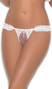 Chiffon and lace crotchless g-string with ruffles, satin bows, and faux pearl detail.