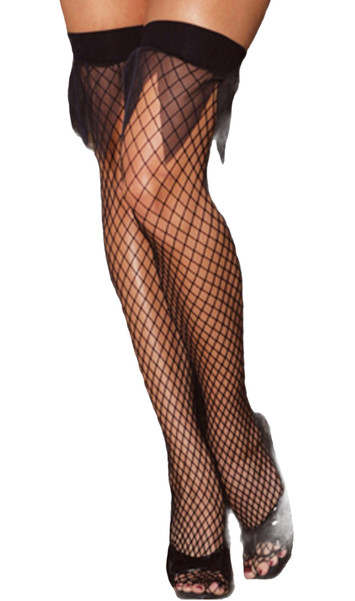 Industrial net thigh high stockings with sheer jagged top detail.