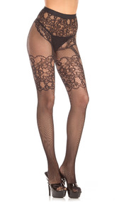 Crotchless fishnet pantyhose with lace faux garter belt design.