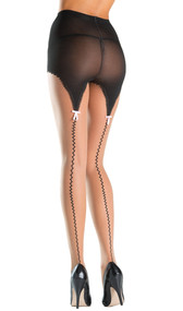 Sheer faux garter belt tights with stitched zig zag front and back design with pink satin bow detail.