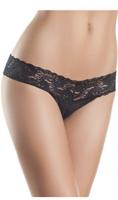 Low rise V cut lace thong with gusset.