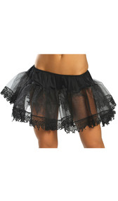 Mesh petticoat with tear drop lace trim, satin elastic waistband. Two layers. Inside layer is trimless and about 11" long. Outer layer contains the lace and measures about 12" to the end of the lace, then about 13" to the end of the tear drops.