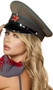 Military hat featuring red star patch. Non-adjustable. Olive green with blue piping, gray band and black brim with silver button details on the sides. Inside circumference measures about 23". Measures about 5" tall.