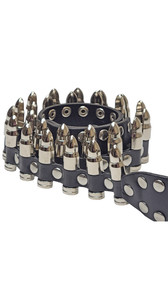 Studded faux leather bullet belt with adjustable buckle closure.