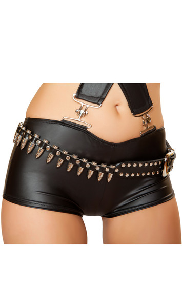 Studded leather bullet belt with adjustable buckle closure. Bullets measure about 1-1/2" tall.