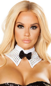 Rhinestone collar choker with black bow tie and back hook closure.