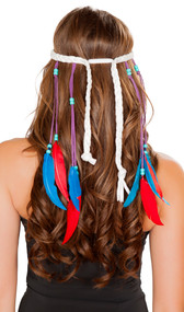 Wrap around braided headband featuring bead and feather accents.