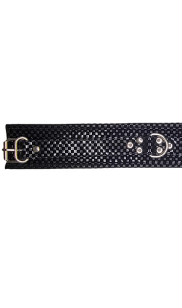 Vinyl and velour checkered pattern collar with studs and D ring detail, adjustable back buckle closure. Inside has the same soft checkered pattern for comfort.