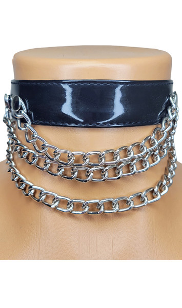Vinyl choker featuring 3 chains and adjustable snap closure. Measures 1" wide.