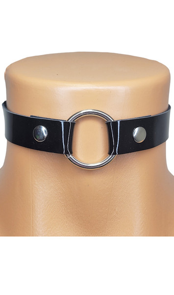 Vinyl choker featuring O ring and adjustable buckle closure. Measures 3/4" wide.