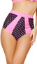 Polka dot high waisted pinup style shorts with contrast trim. Crotch area is lined.