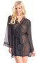 Front tie sheer short robe with scalloped lace collar and sleeve trim.