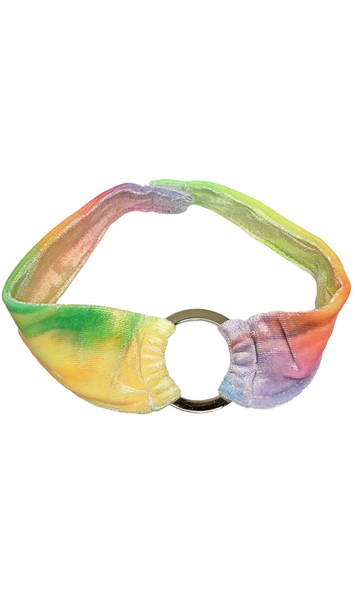 Velvet rainbow tie dye choker featuring silver o ring and back hook and loop closure.