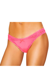 Lace thong panty features a front satin bow and scalloped trim.