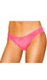 Lace thong panty features a front satin bow and scalloped trim.