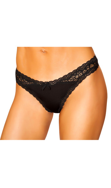 Lace thong panty features a front satin bow and scalloped trim.