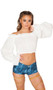 Ruffled tube crop top with off the shoulder, long, puffy sleeves and elastic waist.