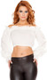 Ruffled tube crop top with off the shoulder, long, puffy sleeves and elastic waist.