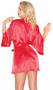 Satin robe with three quarter sleeves, inside front tie, and satin sash.
