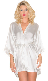 Satin robe with three quarter sleeves, inside front tie, and satin sash.